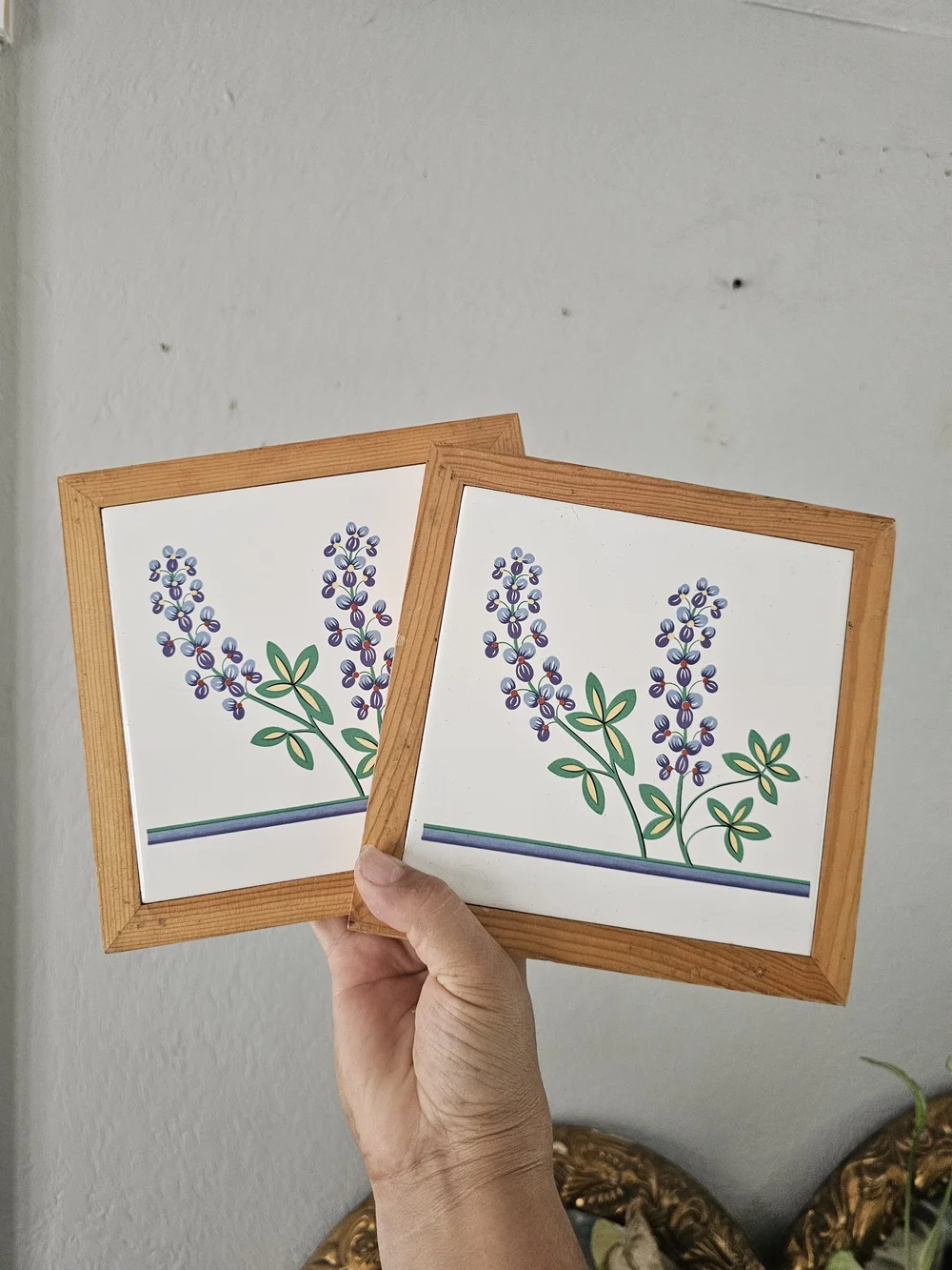 Wood-Framed Lavender Tile Plaques - Natural Wood Teivet Set Cottagecore